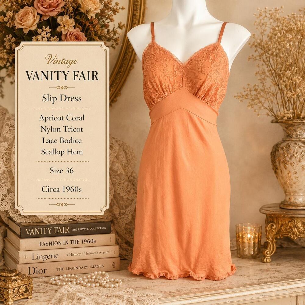 Vintage Vanity Fair Slip Rare Apricot Nylon Scalloped Lace Hem Lace Bodice Sz36